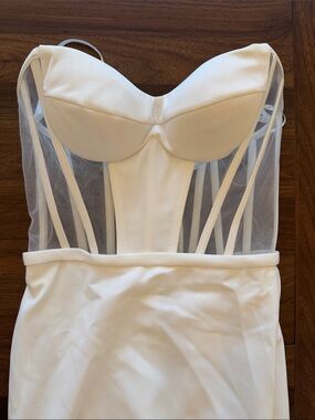Sheer Panel Strapless Bustier Wedding Dress - White